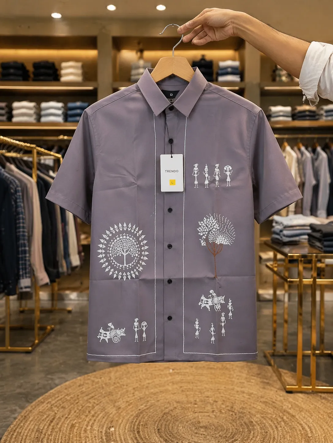 Men's Grey Short-Sleeve Shirt with Tribal Art Embroidery
